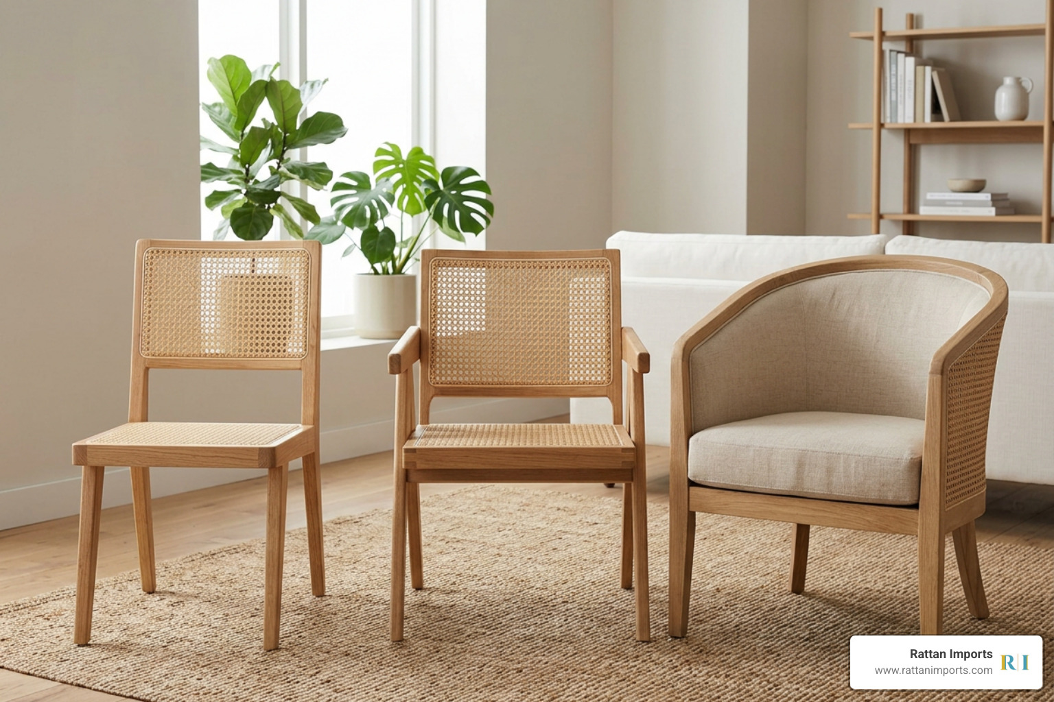 Types of cane chairs showing armchairs, side chairs, and bergere styles Types of cane chairs showing armchairs, side chairs, and bergere styles