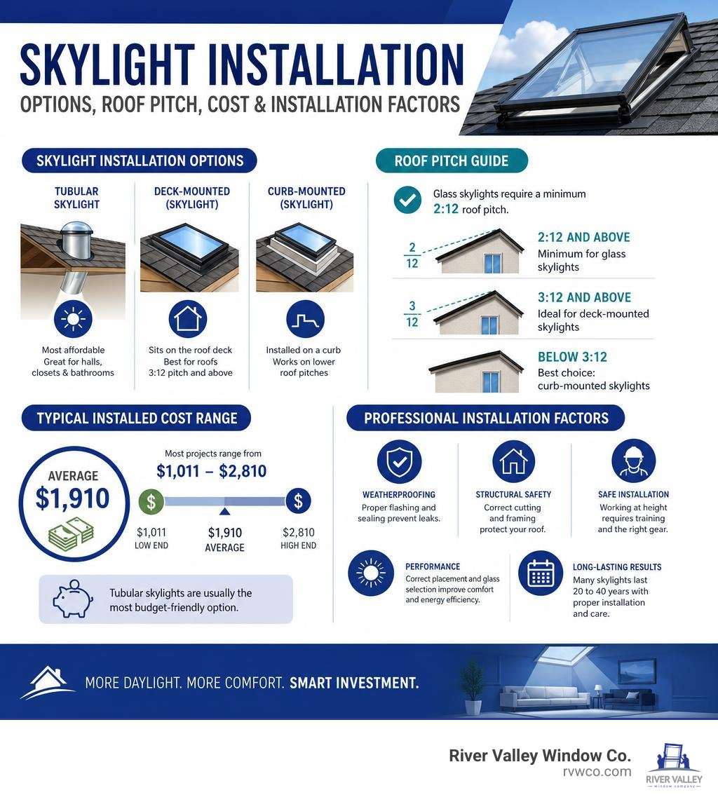 Skylight installation options, roof pitch, cost ranges, and professional installation factors infographic Skylight installation options, roof pitch, cost ranges, and professional installation factors infographic