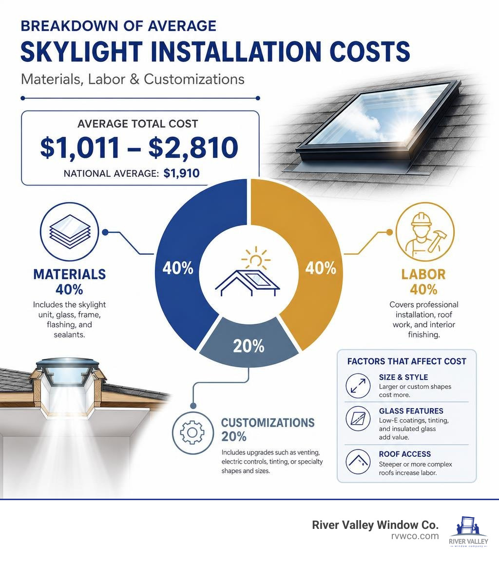 Breakdown of average skylight installation costs including materials, labor, and customizations infographic Breakdown of average skylight installation costs including materials, labor, and customizations infographic