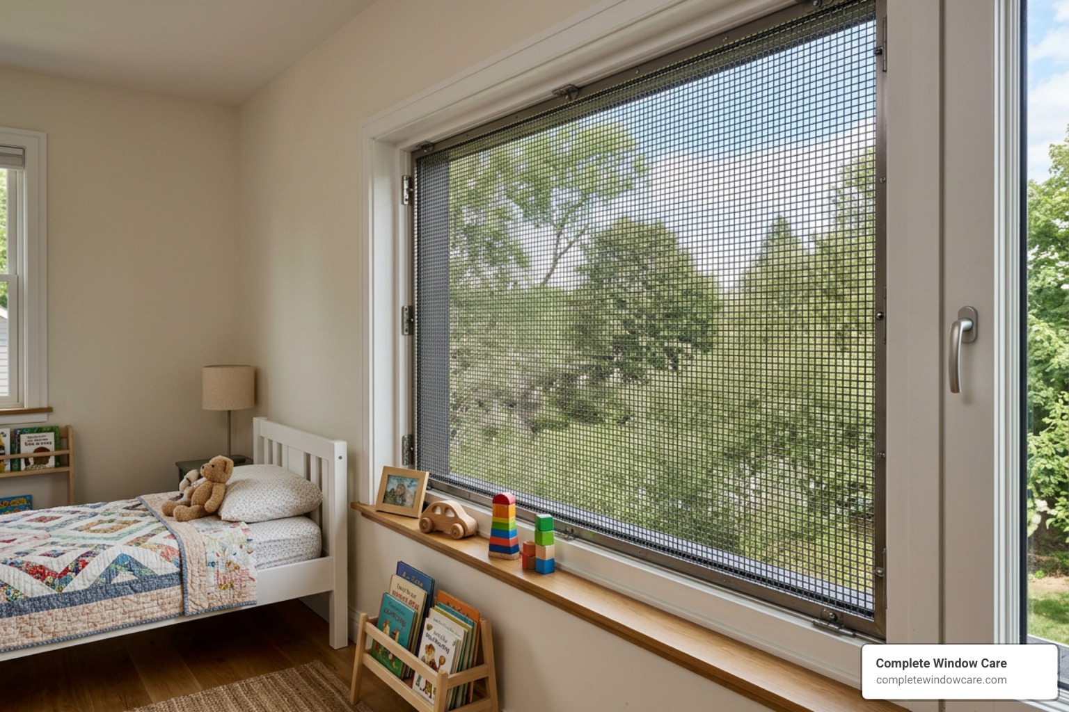 heavy-duty mesh window guard in upper bedroom window