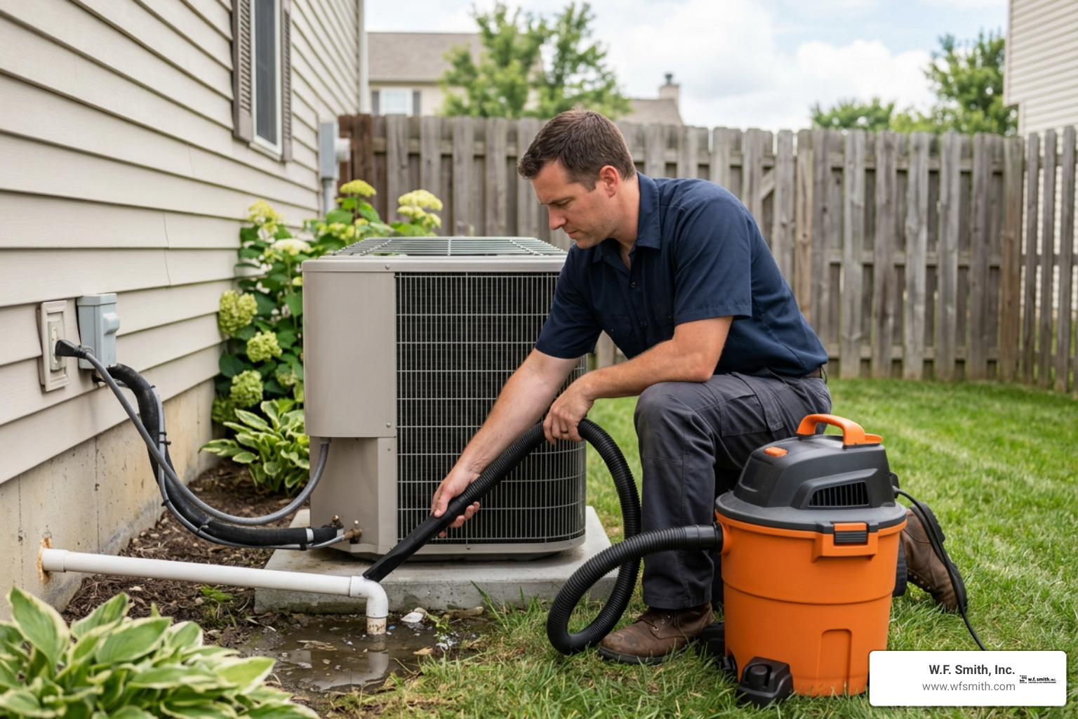 Technician using wet-dry vacuum on outdoor PVC drain pipe Technician using wet-dry vacuum on outdoor PVC drain pipe