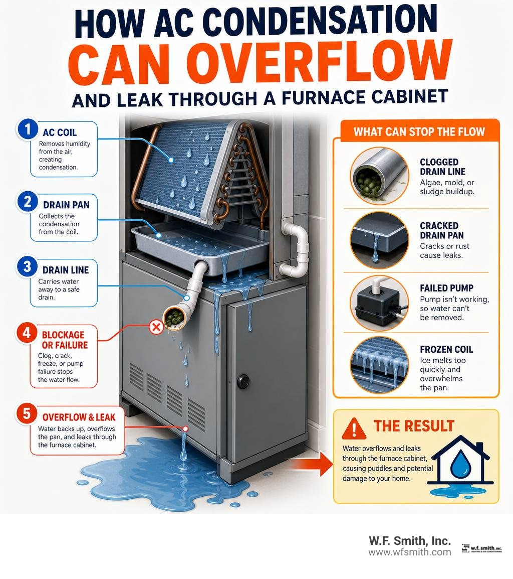 How AC condensation can overflow and leak through a furnace cabinet infographic How AC condensation can overflow and leak through a furnace cabinet infographic