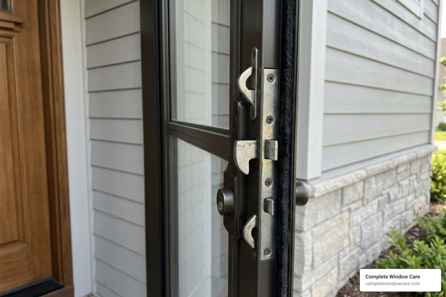 Close-up of multi-point locking mechanism and double weatherstripping on a sliding storm door