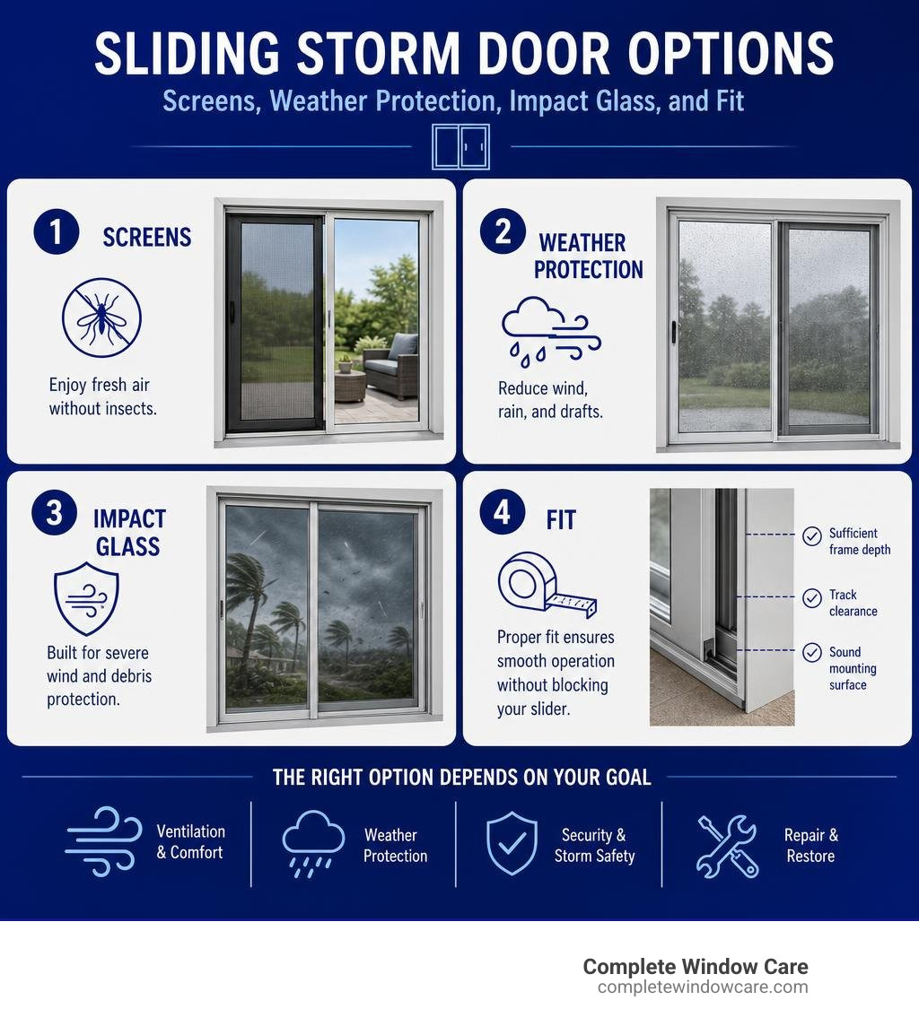 Sliding storm door options infographic: screens, weather protection, impact glass, and fit infographic