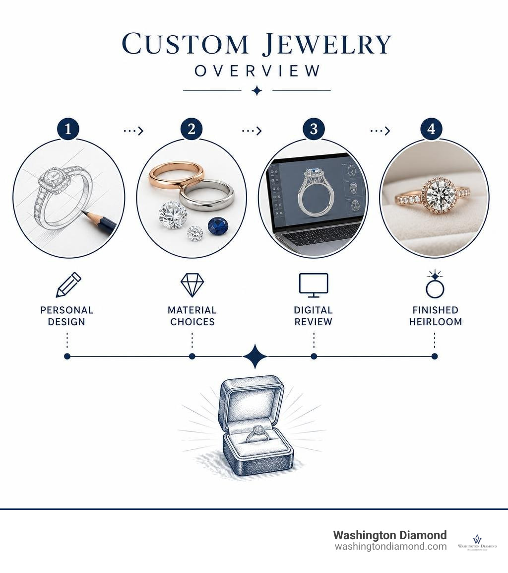 Custom jewelry overview: personal design, material choices, digital review, finished heirloom infographic Custom jewelry overview: personal design, material choices, digital review, finished heirloom infographic