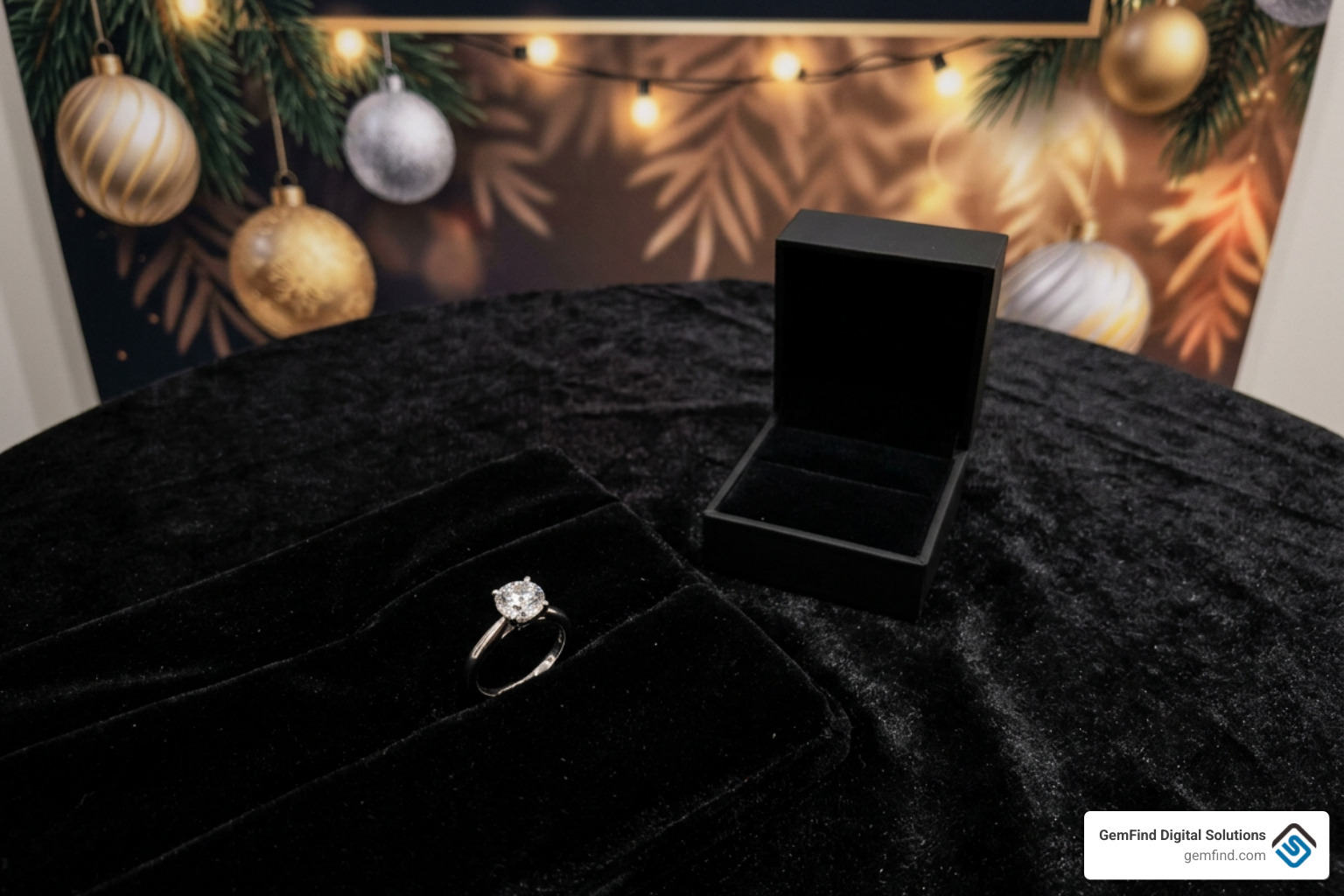elegant diamond ring display with promotional banner