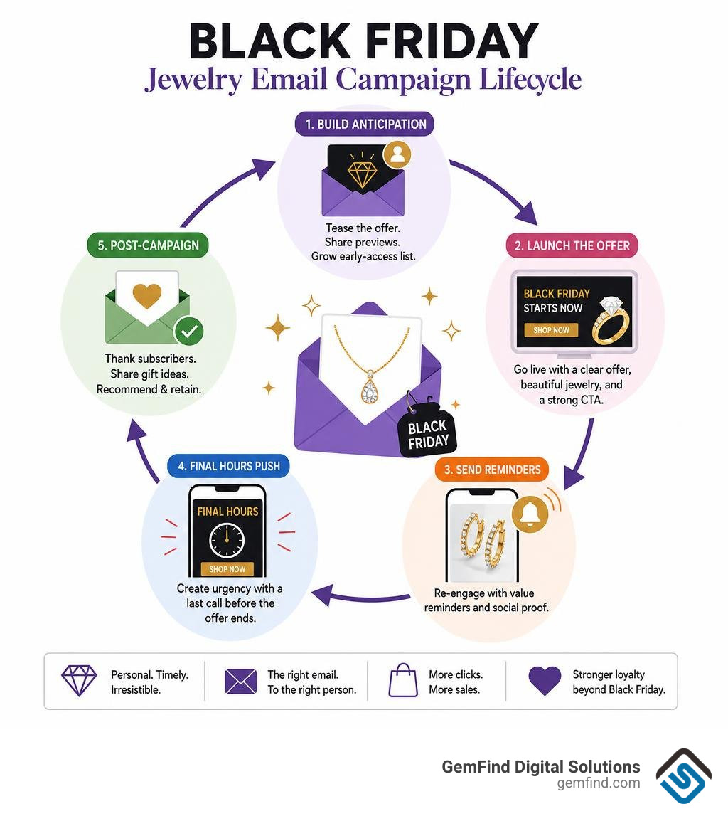 Black Friday jewelry email campaign lifecycle infographic