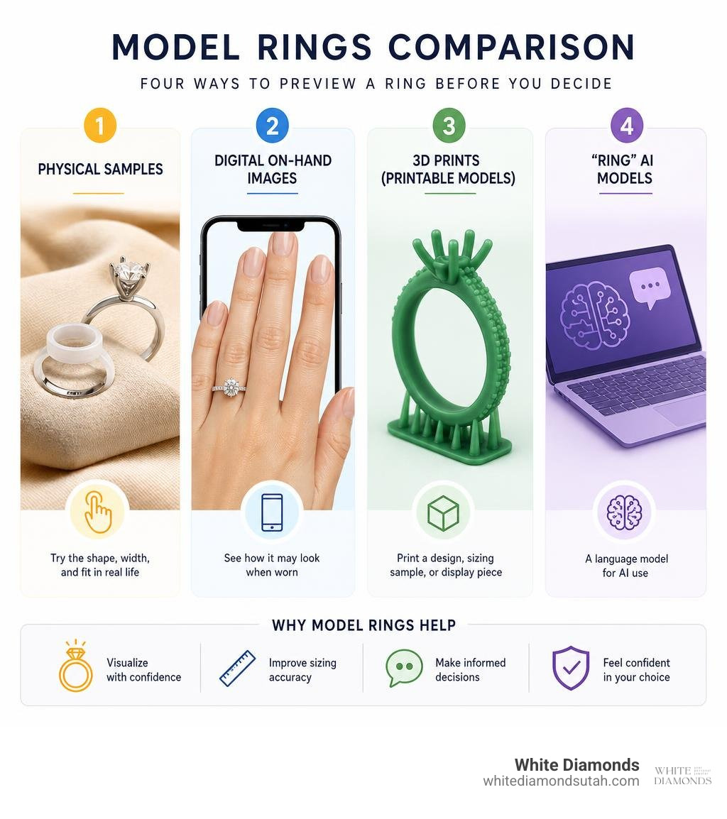 Model rings comparison: physical samples, digital on-hand images, 3D prints, and AI models infographic Model rings comparison: physical samples, digital on-hand images, 3D prints, and AI models infographic