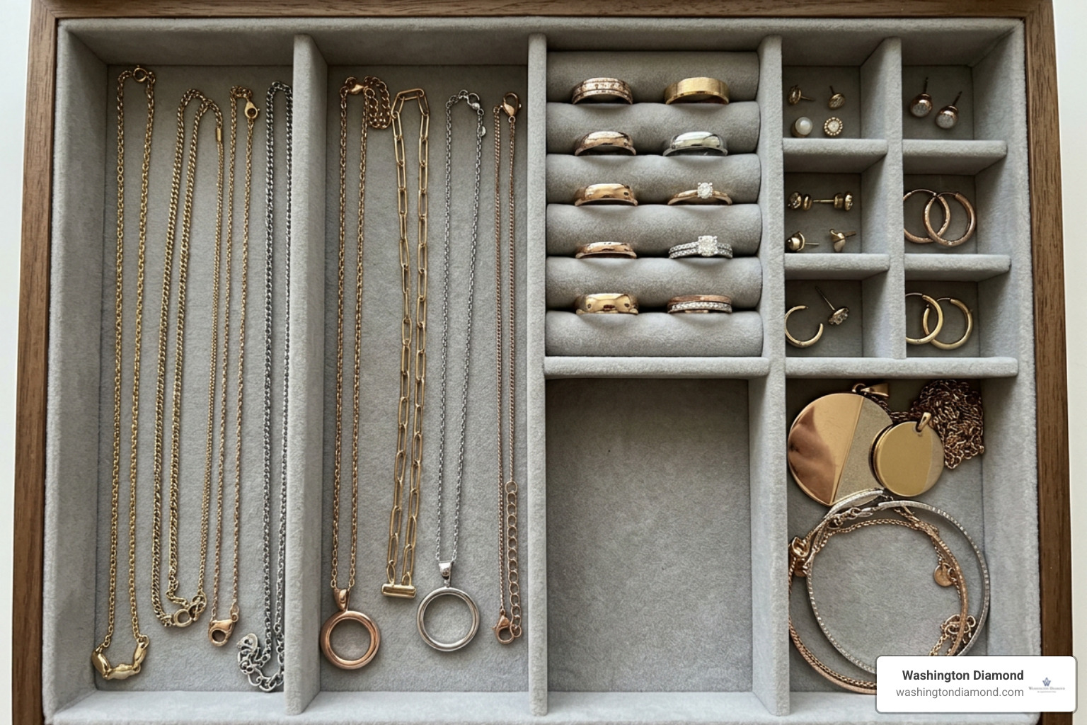 Organized jewelry storage box with soft anti-tarnish compartments Organized jewelry storage box with soft anti-tarnish compartments
