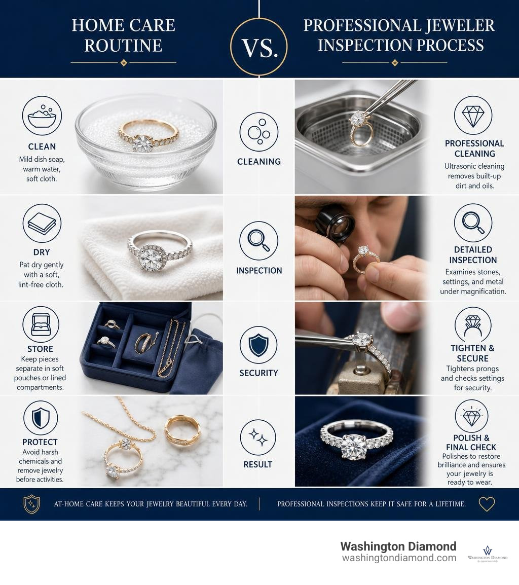 Home care routine vs professional jeweler inspection process infographic Home care routine vs professional jeweler inspection process infographic
