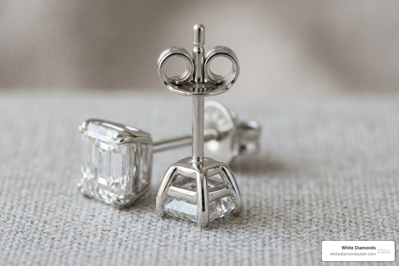 close-up of emerald cut diamond studs showing push-back mechanism