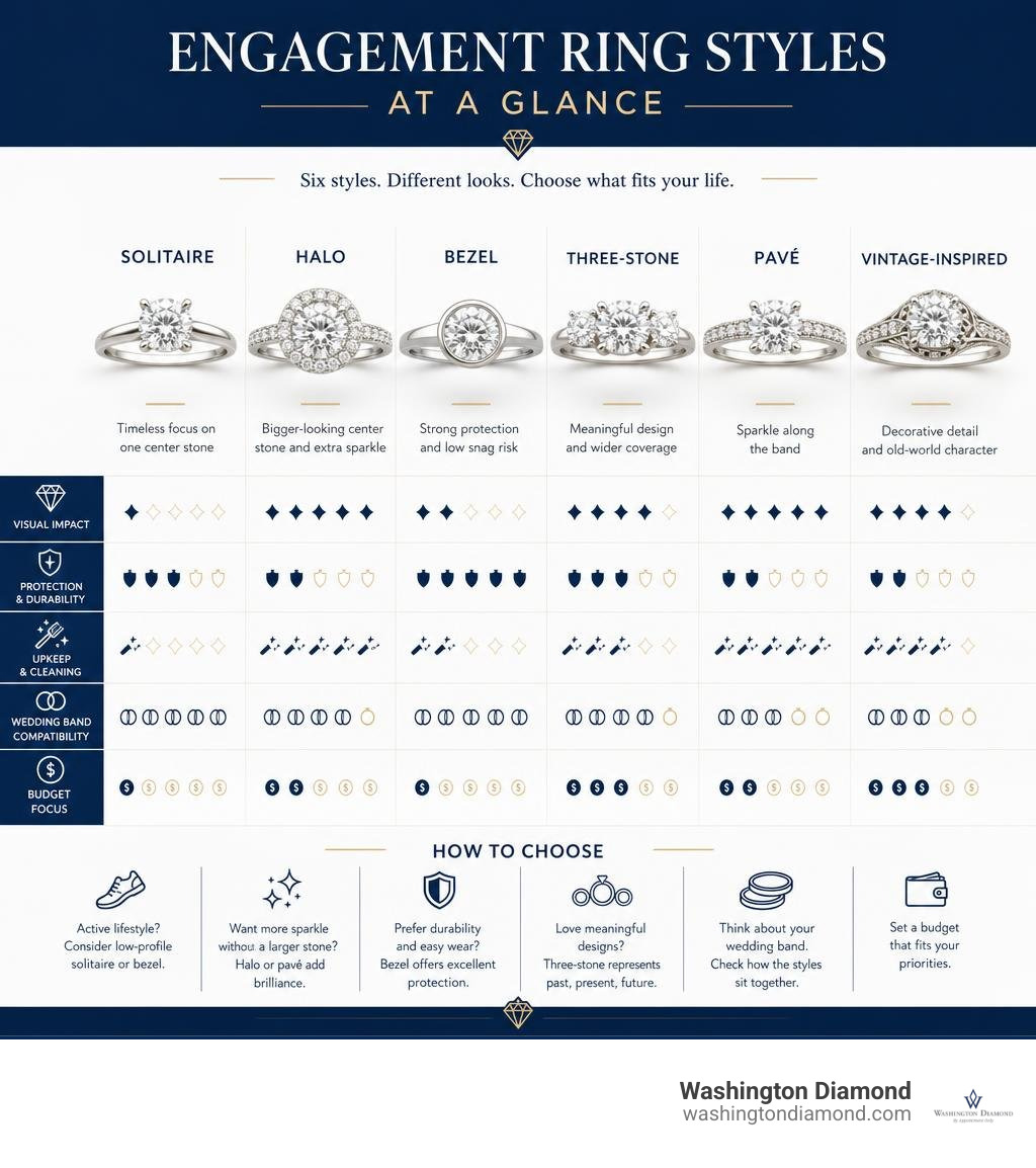 engagement ring styles comparison: solitaire halo bezel three-stone pave and vintage infographic engagement ring styles comparison: solitaire halo bezel three-stone pave and vintage infographic