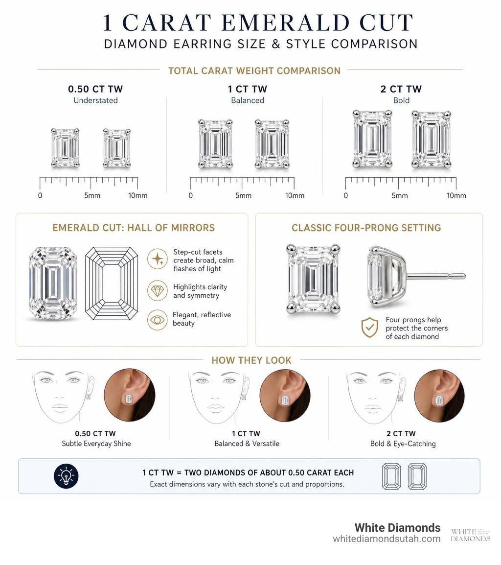 1 carat emerald cut diamond earring size and style comparison infographic