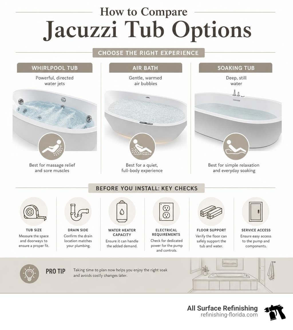 Jacuzzi bathtub selection comparison: whirlpool, air bath, soaking tub, size and installation checks infographic Jacuzzi bathtub selection comparison: whirlpool, air bath, soaking tub, size and installation checks infographic