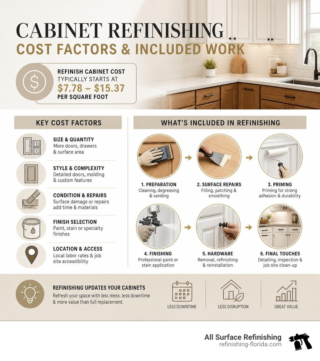 Cabinet refinishing cost factors and included work infographic