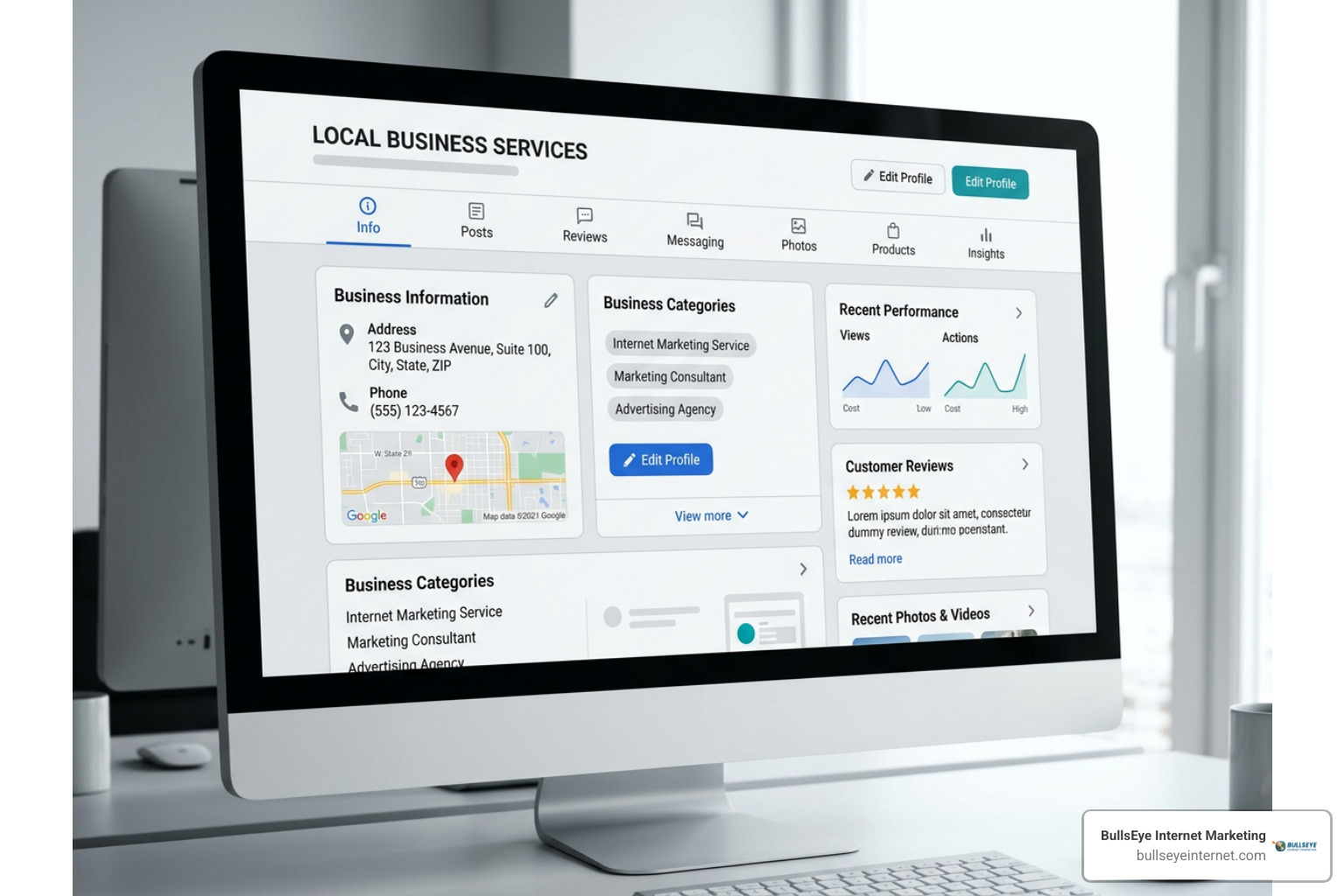 Google Business Profile management dashboard featuring business edits and categories