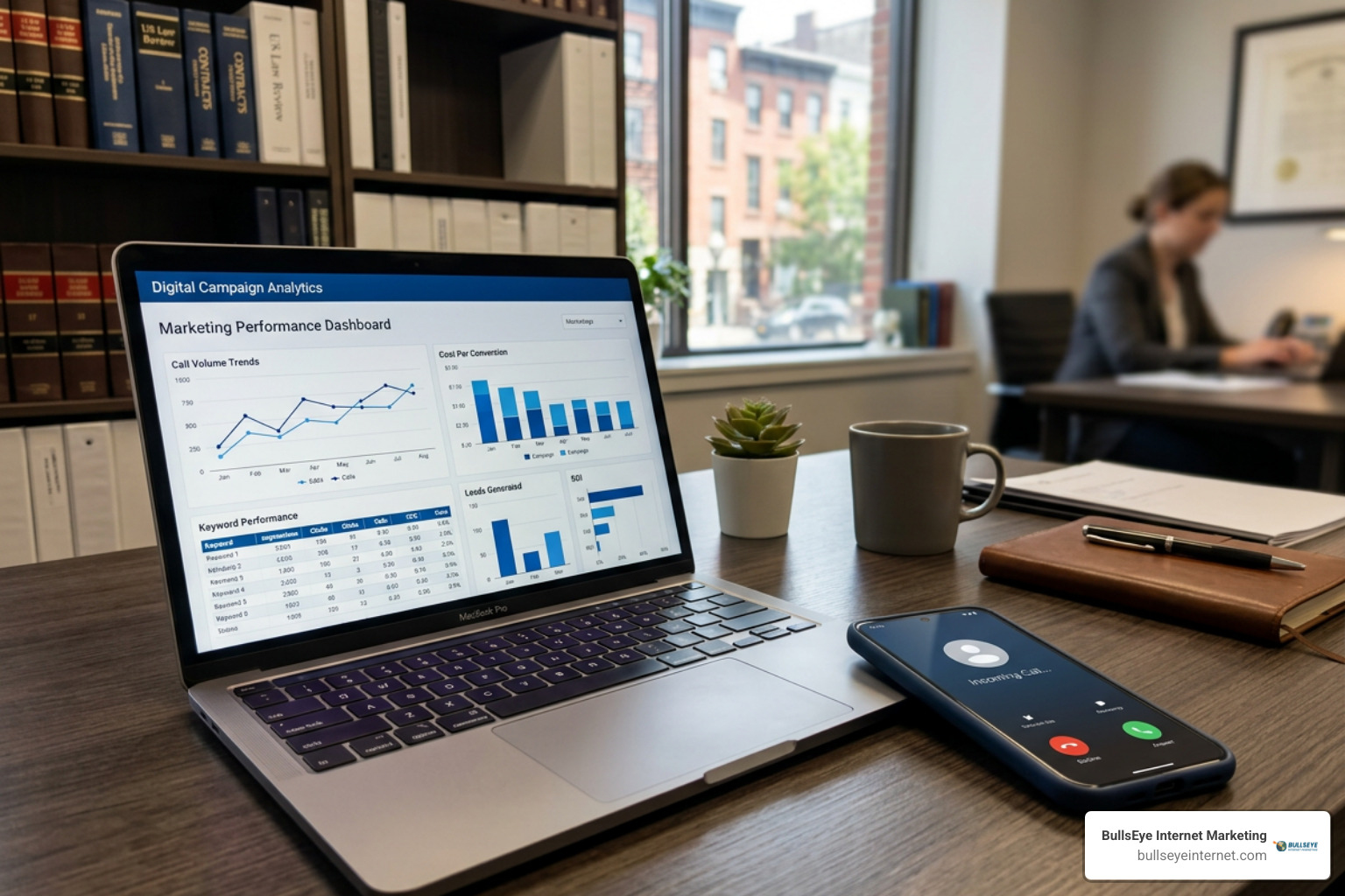 call tracking dashboard metrics Laptop displaying digital campaign analytics dashboard and call tracking data for BullsEye Internet Marketing.