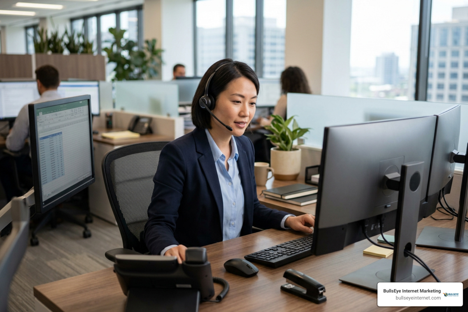 Image of legal intake representative responding to client lead on phone and computer Image of legal intake representative responding to client lead on phone and computer
