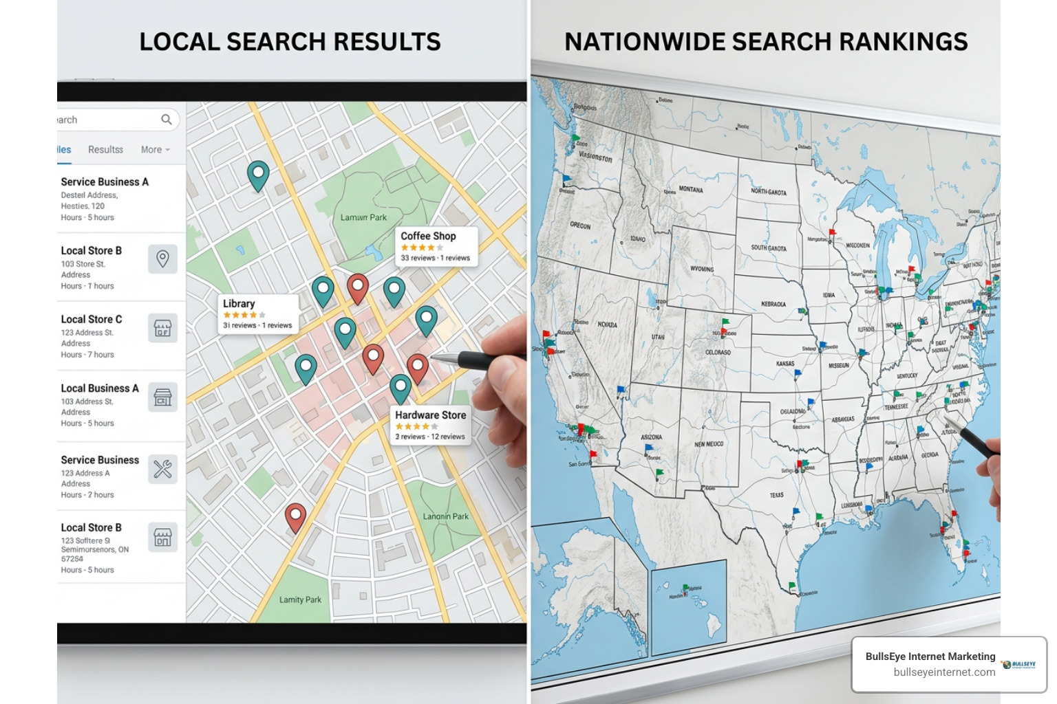 Comparison of local map pack coverage vs national organic search targeting Local and nationwide search rankings comparison on maps illustrating SEO strategies.