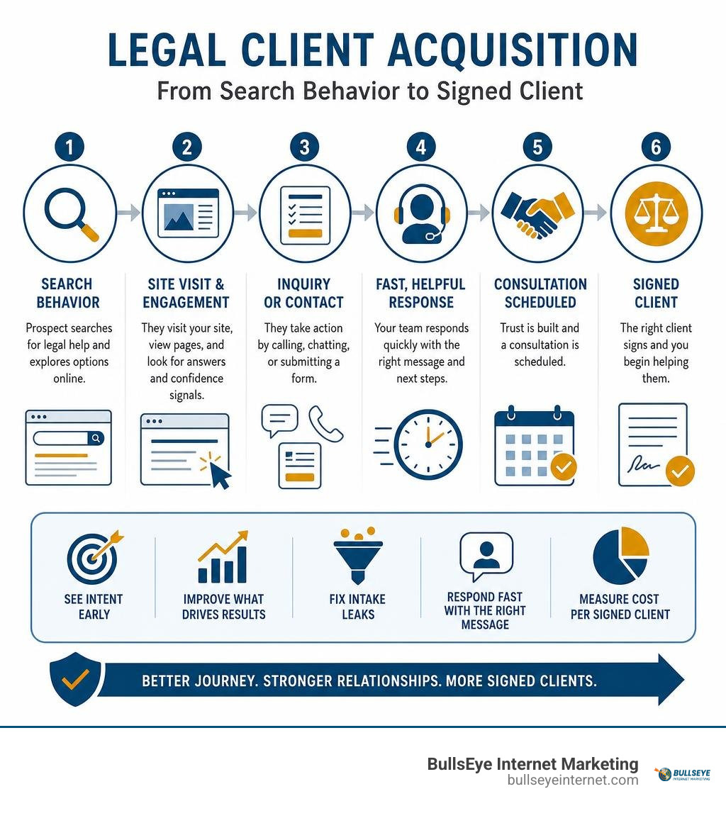 Infographic showing legal client acquisition from search behavior to signed client infographic Infographic showing legal client acquisition from search behavior to signed client infographic