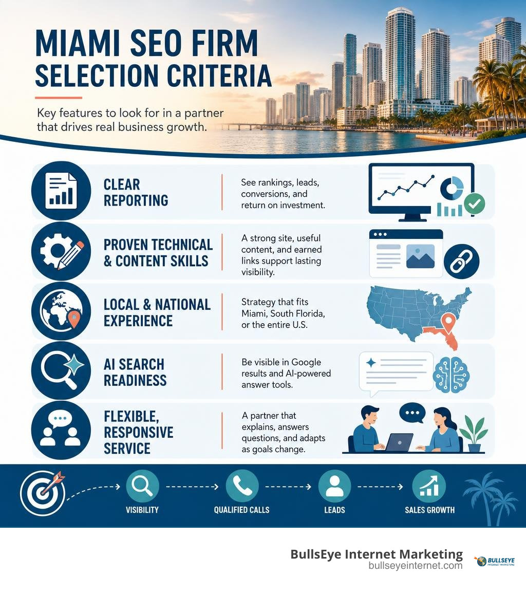 Miami SEO firm selection criteria infographic infographic Miami SEO firm infographic outlining selection criteria for digital marketing agencies and BullsEye Internet Marketing.