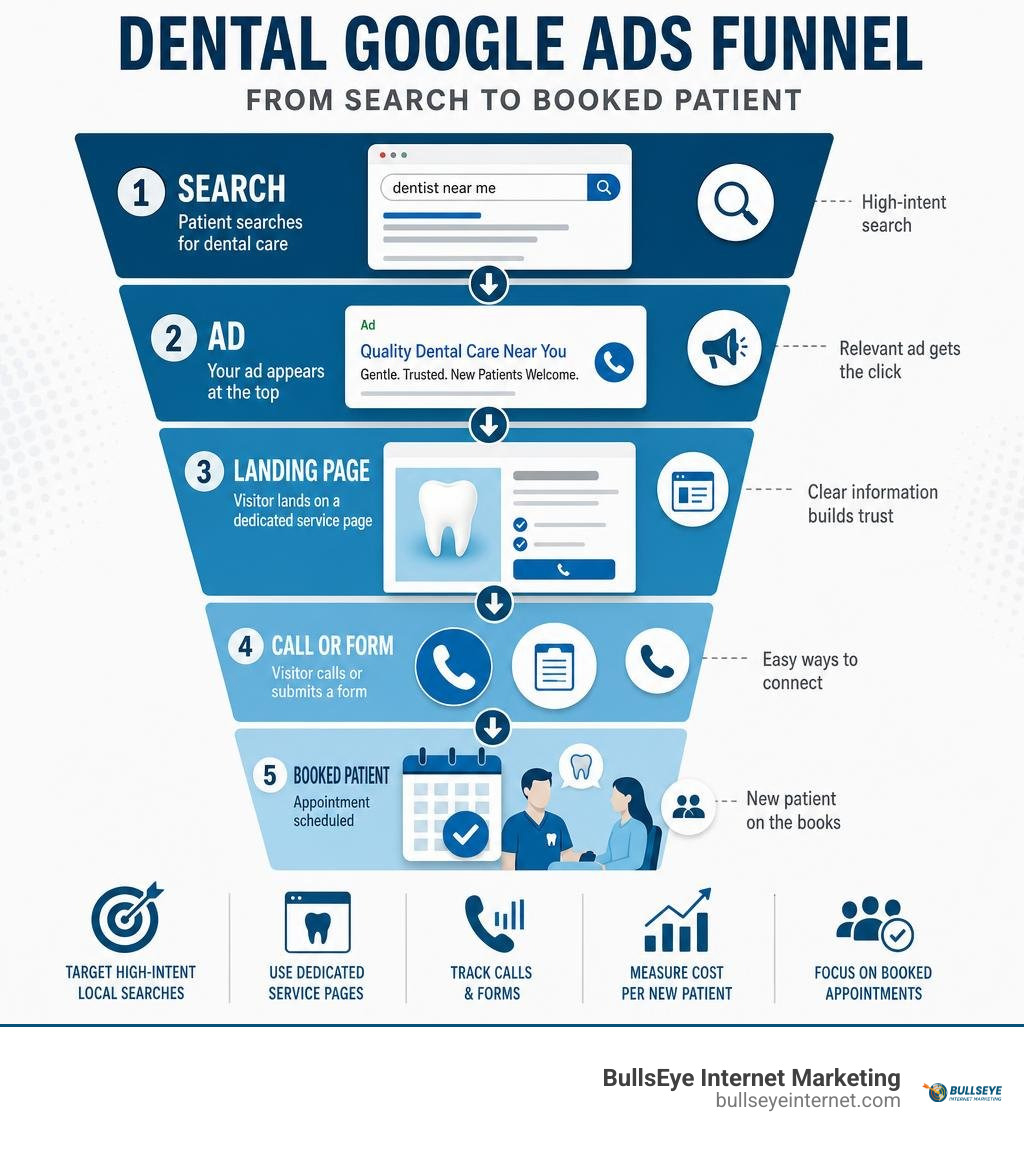 Dental Google Ads funnel from search to booked patient infographic