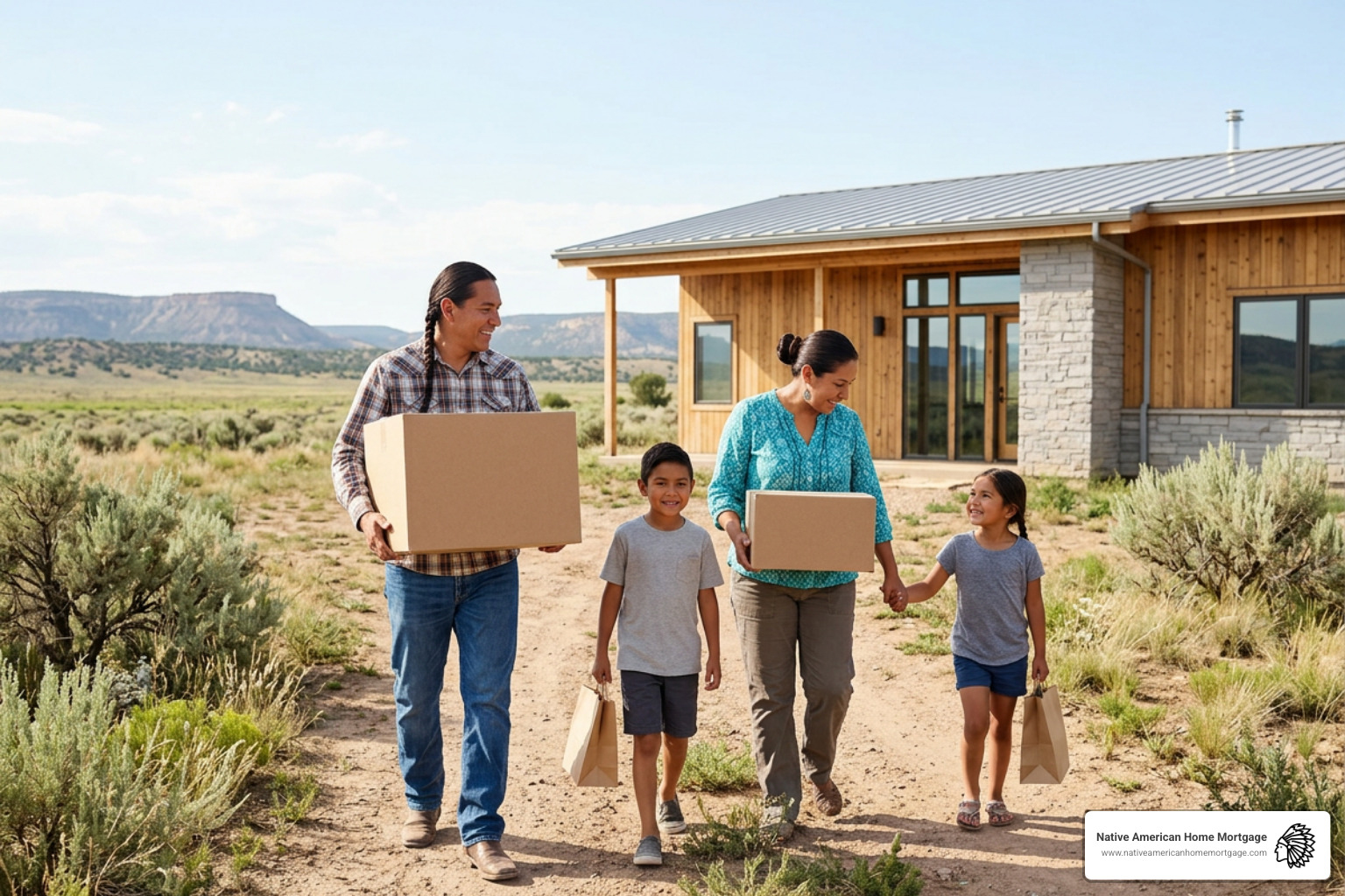 A happy family moving into a newly constructed home on reservation land