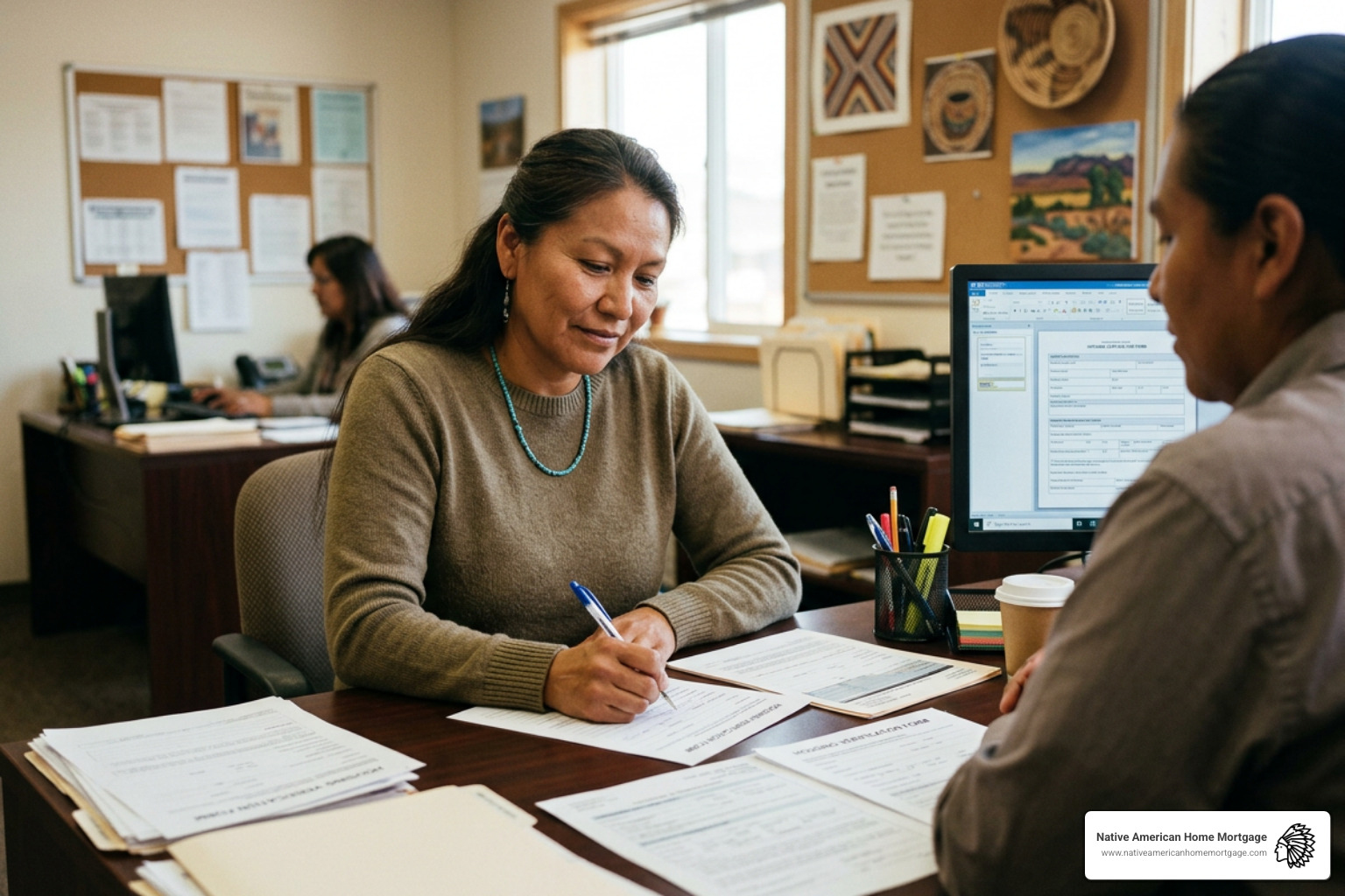 An applicant filling out housing verification forms at a desk with official documents