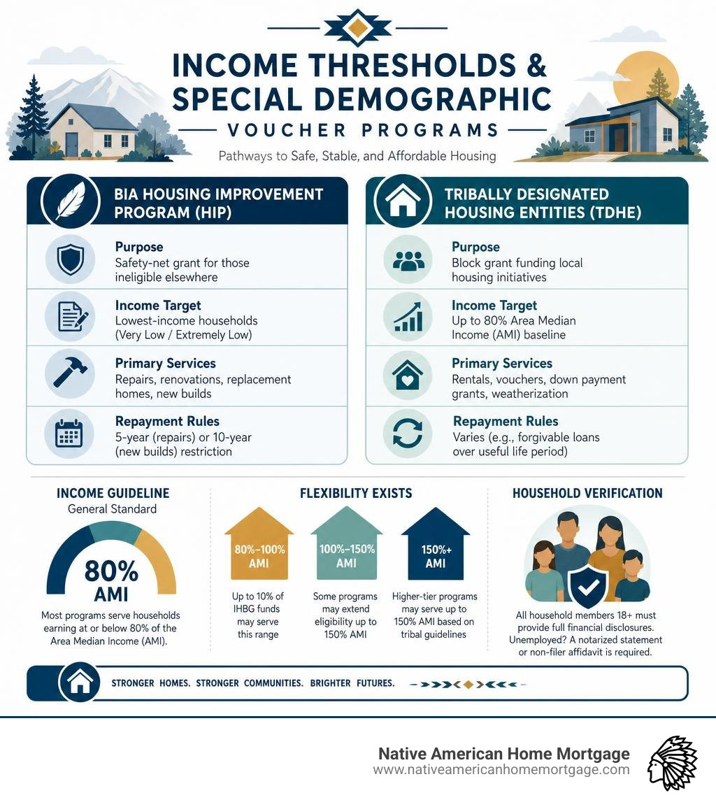 Infographic detailing income thresholds and special demographic voucher programs infographic