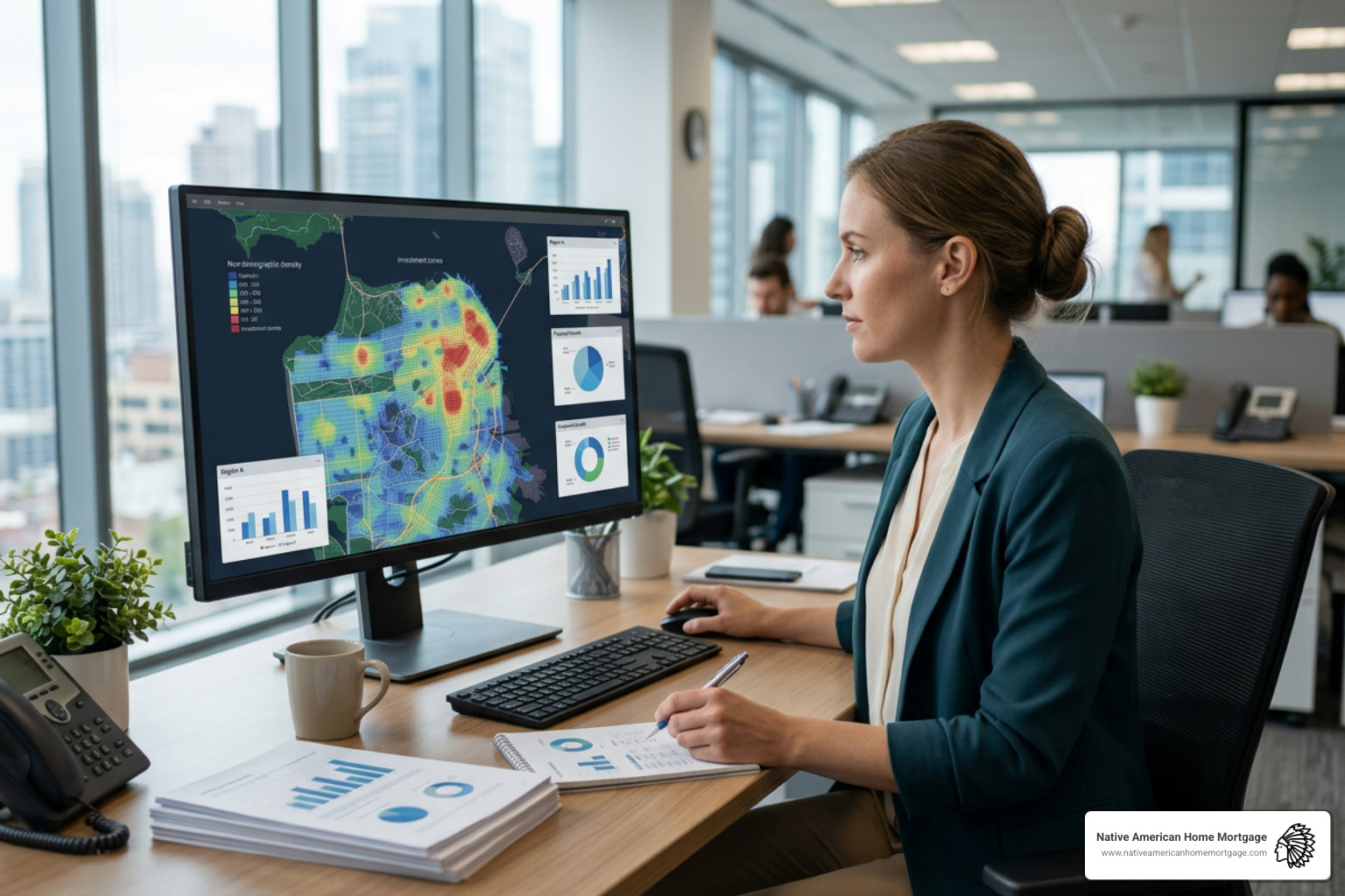 financial analyst reviewing mapping tool and demographic data for investment areas financial analyst reviewing mapping tool and demographic data for investment areas