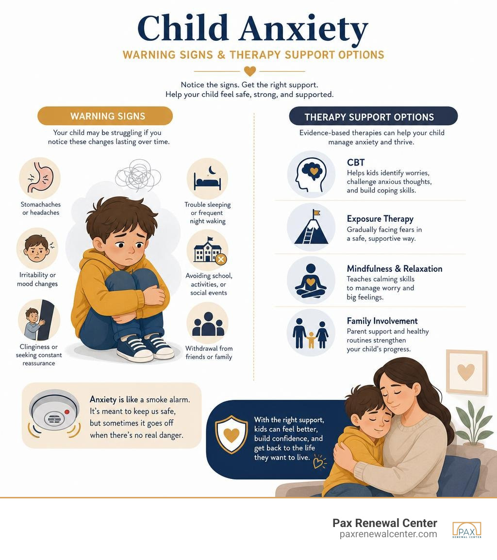 Infographic of child anxiety warning signs and therapy support options infographic