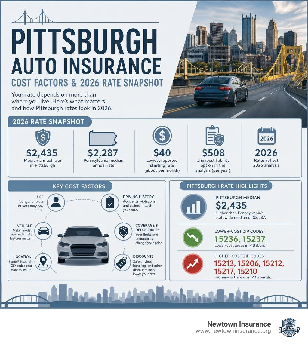 Pittsburgh auto insurance cost factors and 2026 rate snapshot infographic Pittsburgh auto insurance cost factors and 2026 rate snapshot infographic