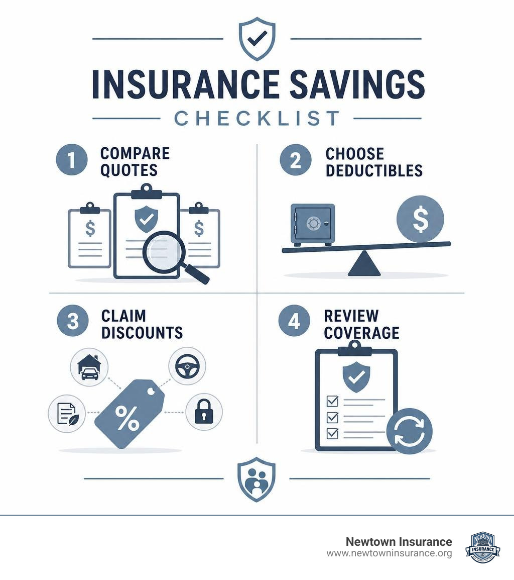 Insurance savings checklist: compare quotes, choose deductibles, claim discounts, review coverage infographic