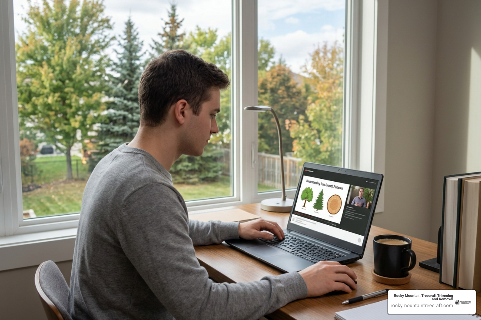A student taking an online tree care course webinar at home