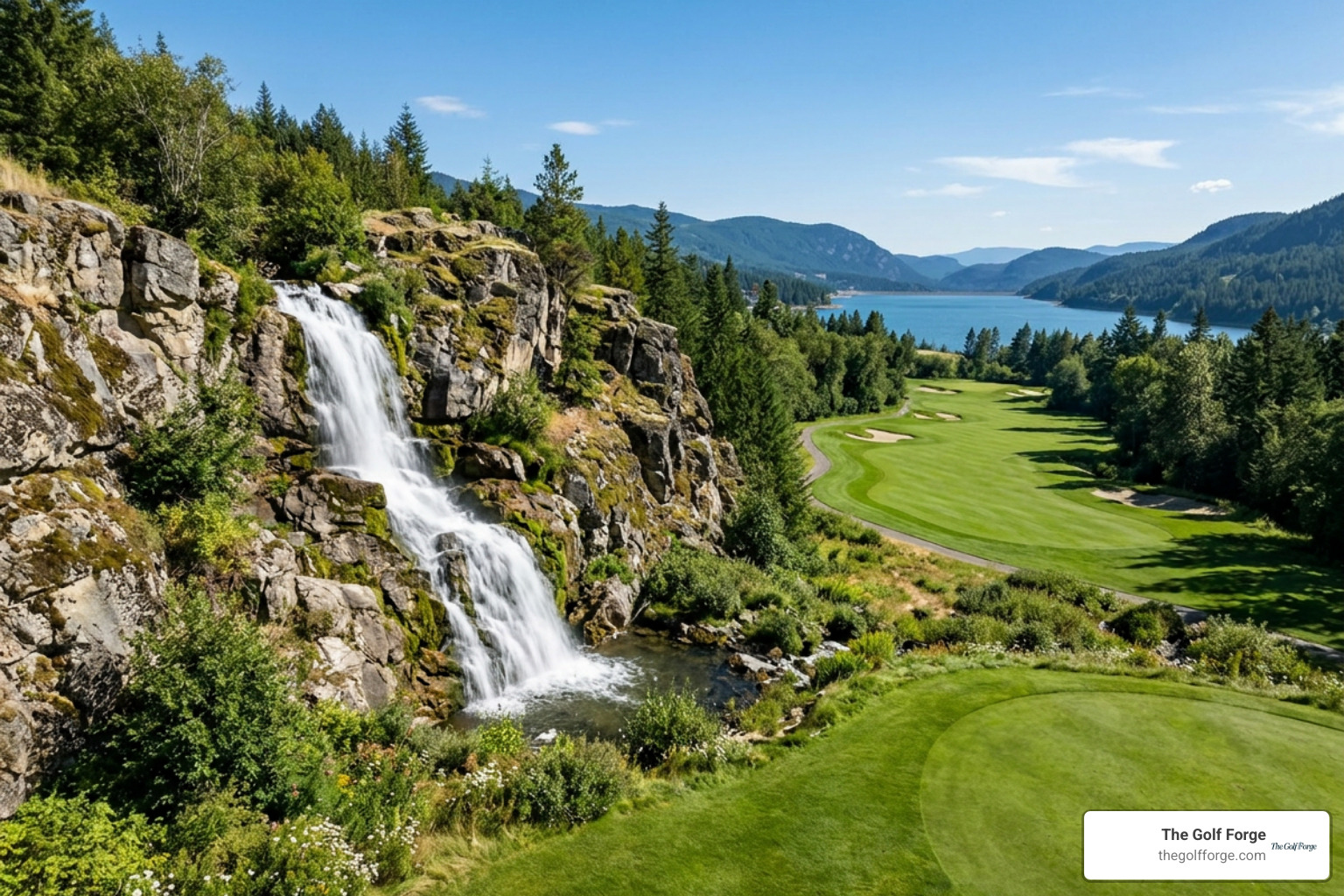 Waterfall feature adjacent to golf course fairways at Millsite