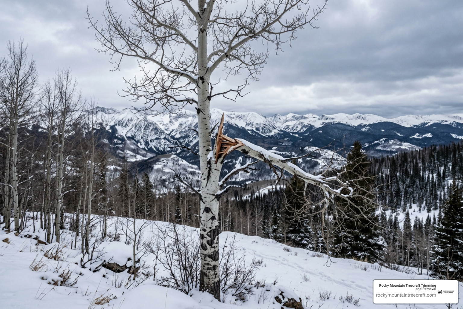 damaged aspen branch in winter landscape