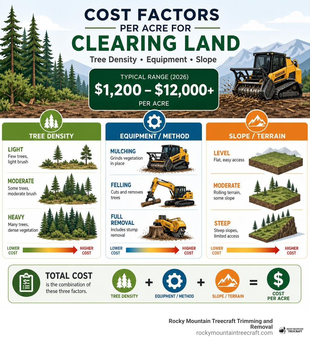 Cost factors per acre for clearing land including tree density, equipment, and slope infographic Cost factors per acre for clearing land including tree density, equipment, and slope infographic