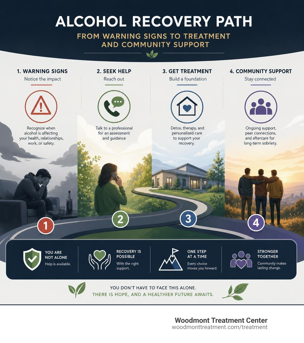 Alcohol recovery path from warning signs to treatment and community support infographic
