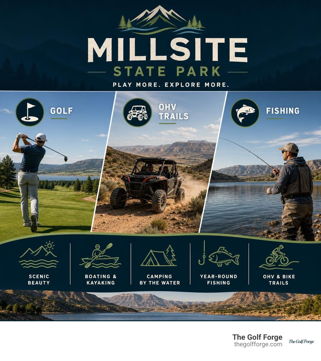 Infographic showcasing outdoor activities at Millsite State Park including golf, OHV trails, and fishing infographic