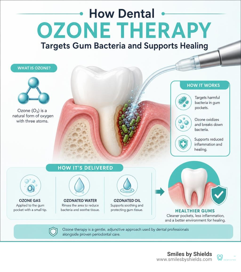 How dental ozone therapy targets gum bacteria and supports healing infographic How dental ozone therapy targets gum bacteria and supports healing infographic