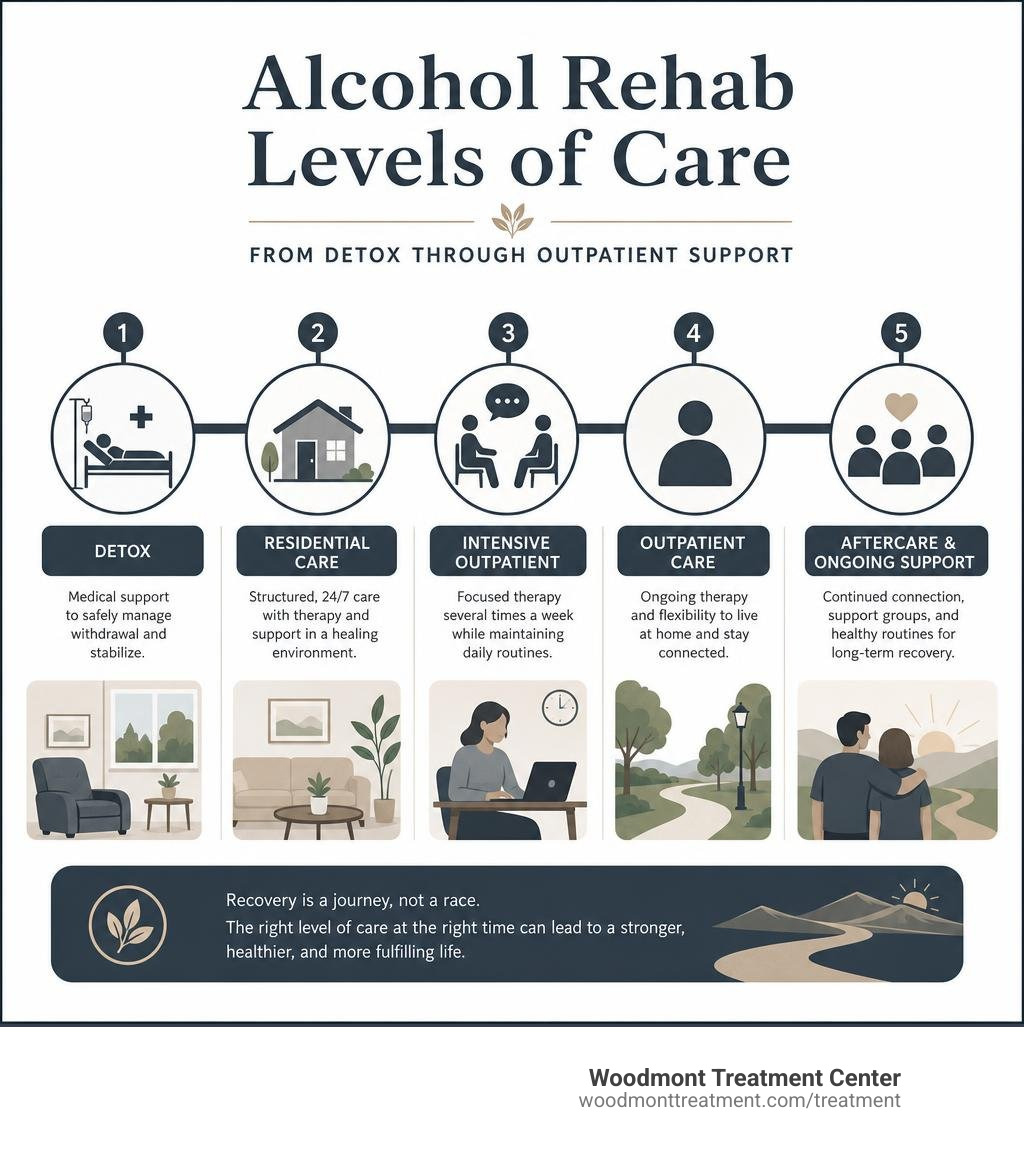 Alcohol rehab levels of care from detox through outpatient support infographic