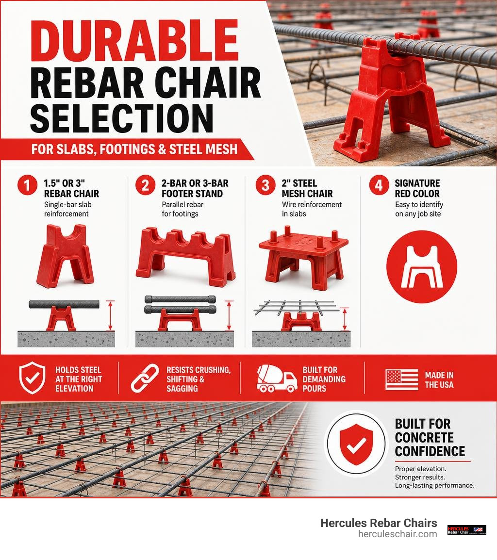 Durable rebar chair selection for slabs footings and steel mesh infographic
