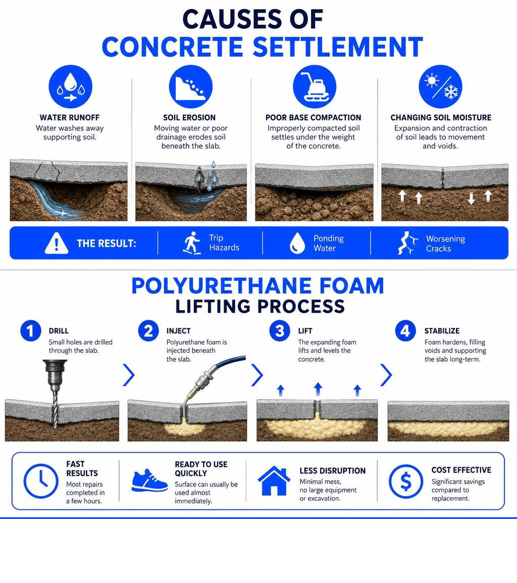 Causes of concrete settlement and polyurethane foam lifting process infographic Causes of concrete settlement and polyurethane foam lifting process infographic