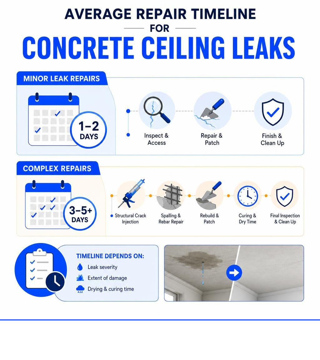 Average repair timeline for concrete ceiling leaks infographic Average repair timeline for concrete ceiling leaks infographic