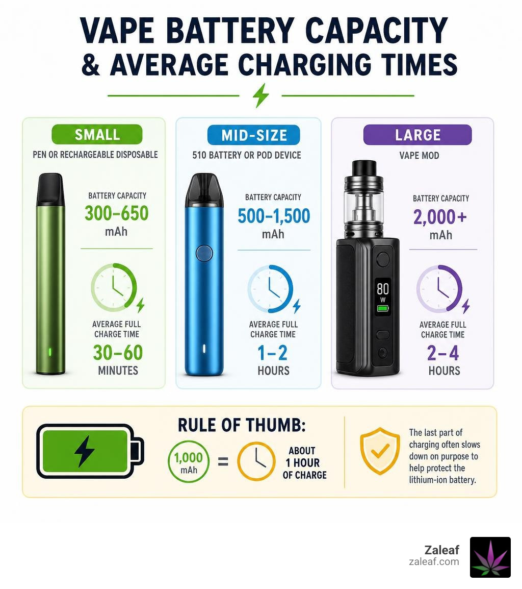 vape battery capacity and average charging times infographic