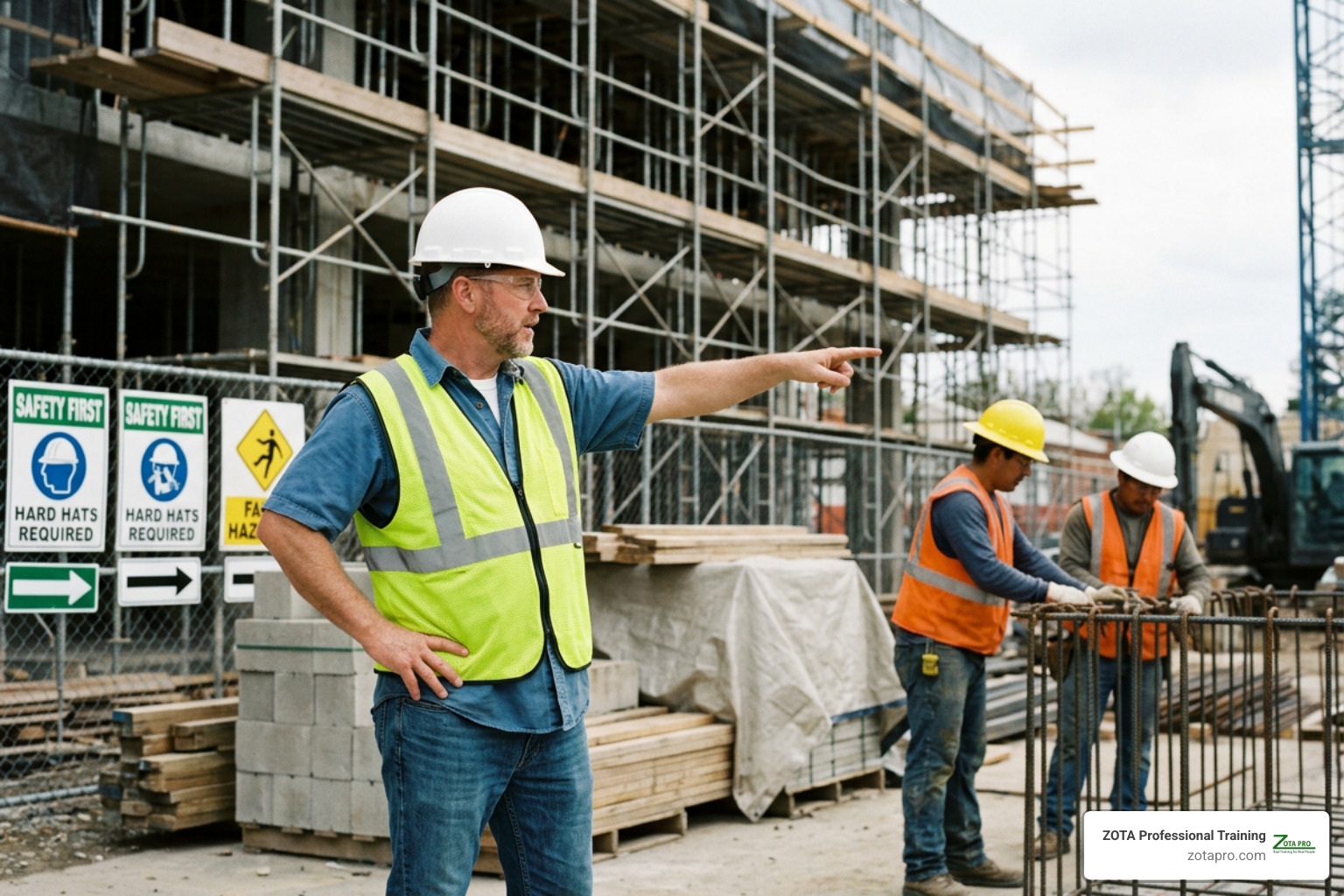 Construction foreman on job site supervising safety compliance Construction foreman on job site supervising safety compliance