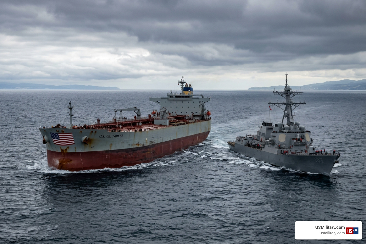 American commercial oil tanker operating under military escort in high-risk international waters