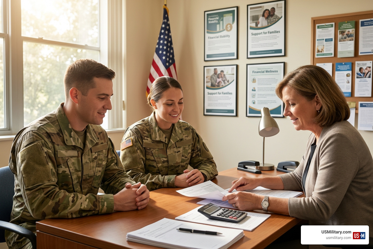 U.S. military service members meeting with financial counselor at relief organization office U.S. military service members meeting with financial counselor at relief organization office