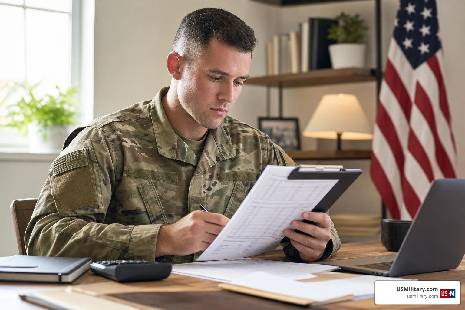 U.S. soldier reviewing hardship grant documentation and LES statements U.S. soldier reviewing hardship grant documentation and LES statements