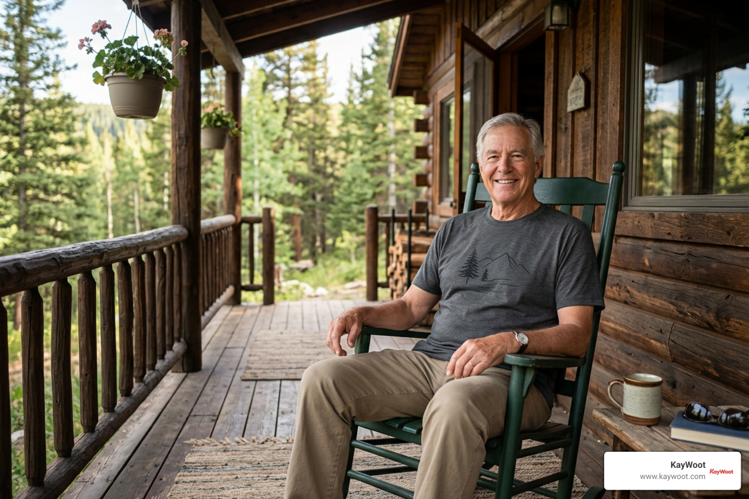 Smiling retiree relaxing on a wood cabin porch wearing a comfortable graphic tee Smiling retiree relaxing on a wood cabin porch wearing a comfortable graphic tee